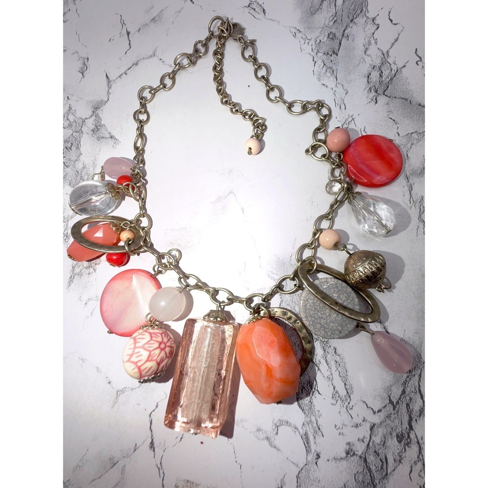 Premier Designs Coral Pink Clear Charm Necklace 16-20" Gold‎ Tone